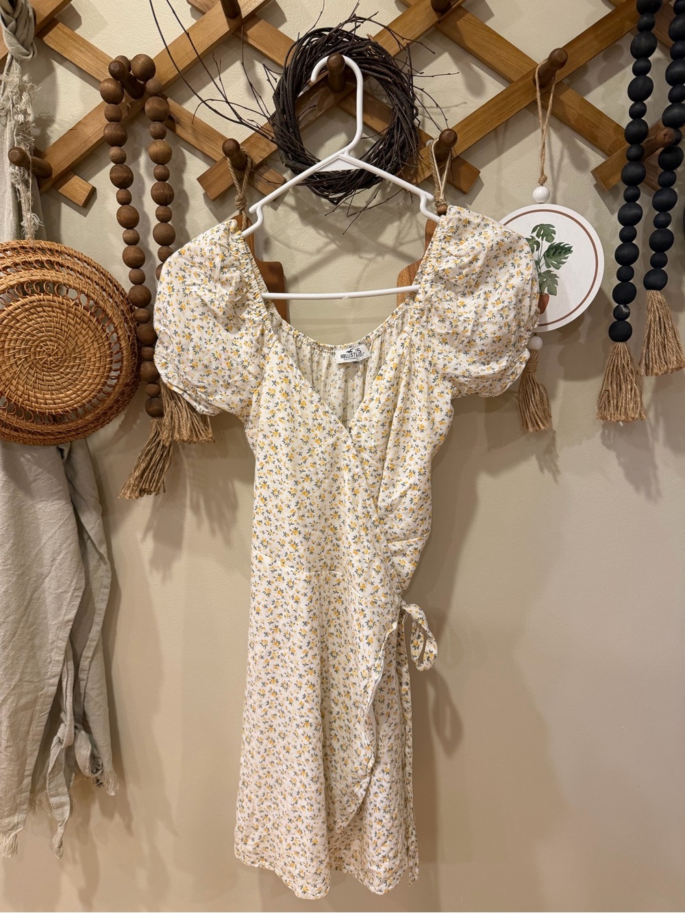 Hollister Yellow & White Floral Puff-Sleeve Wrap Mini Dress